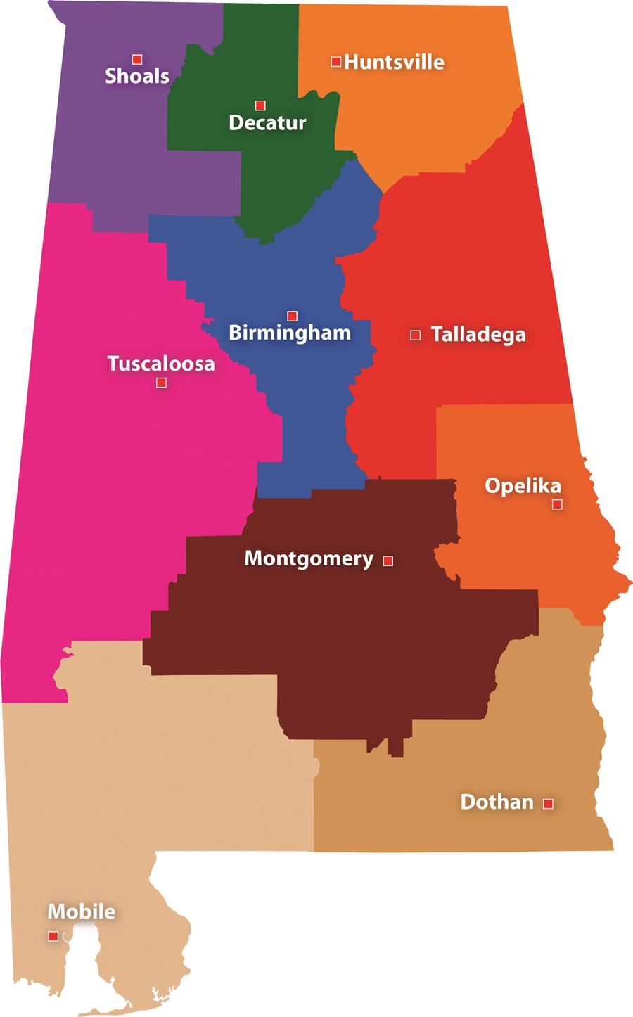 A map of Alabama with each of the 10 regions highlighted in a different color.